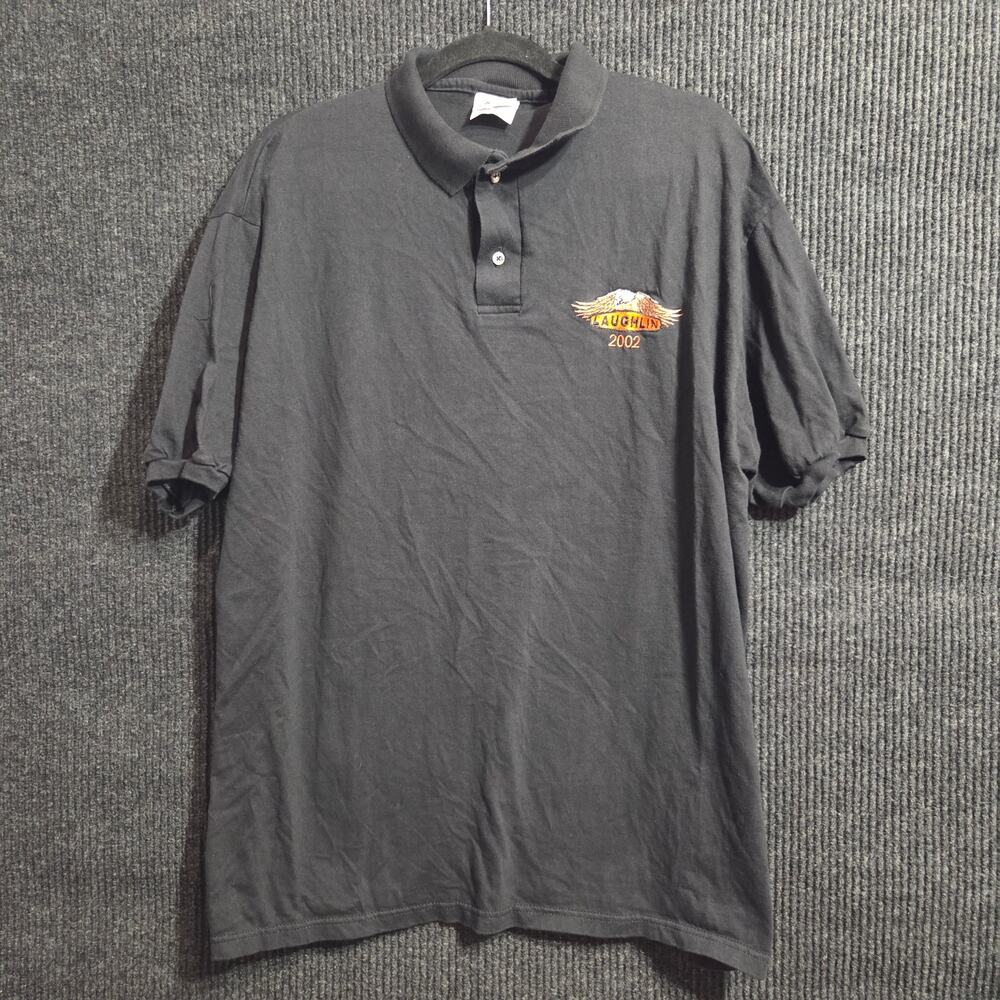 Vintage Y2K Laughlin River Run 2002 Polo Shirt Black Biker Eagle Embroidered XL